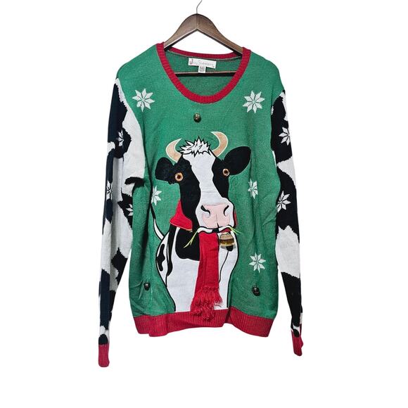 Jolly Sweaters Women’s Size XL Ugly Christmas Sweater Cow w/Scarf & Bells Farm - Picture 1 of 5